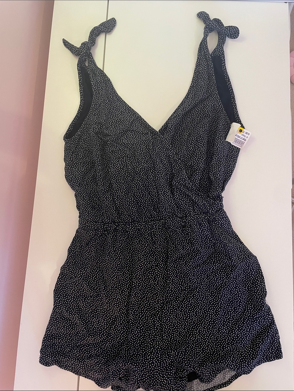 Abercrombie & Fitch Black Polka Dot Tie-Shoulder One-Piece with Shorts